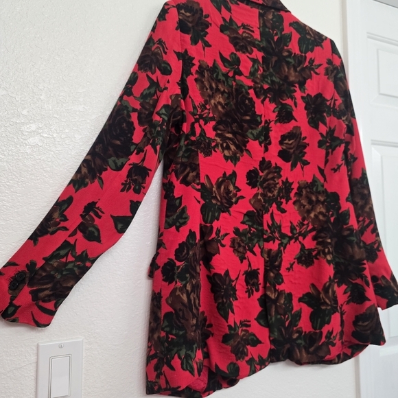Women’s Red Black Oversized Floral M Open Front Relaxed Work to Weekend Blazer - Picture 7 of 12